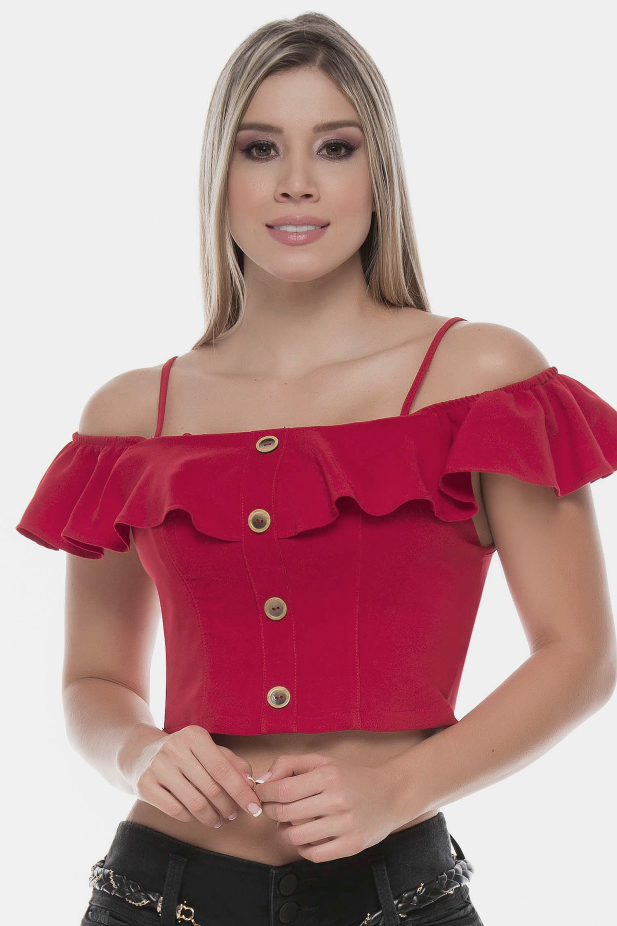 blusa roja con volantes en los hombros